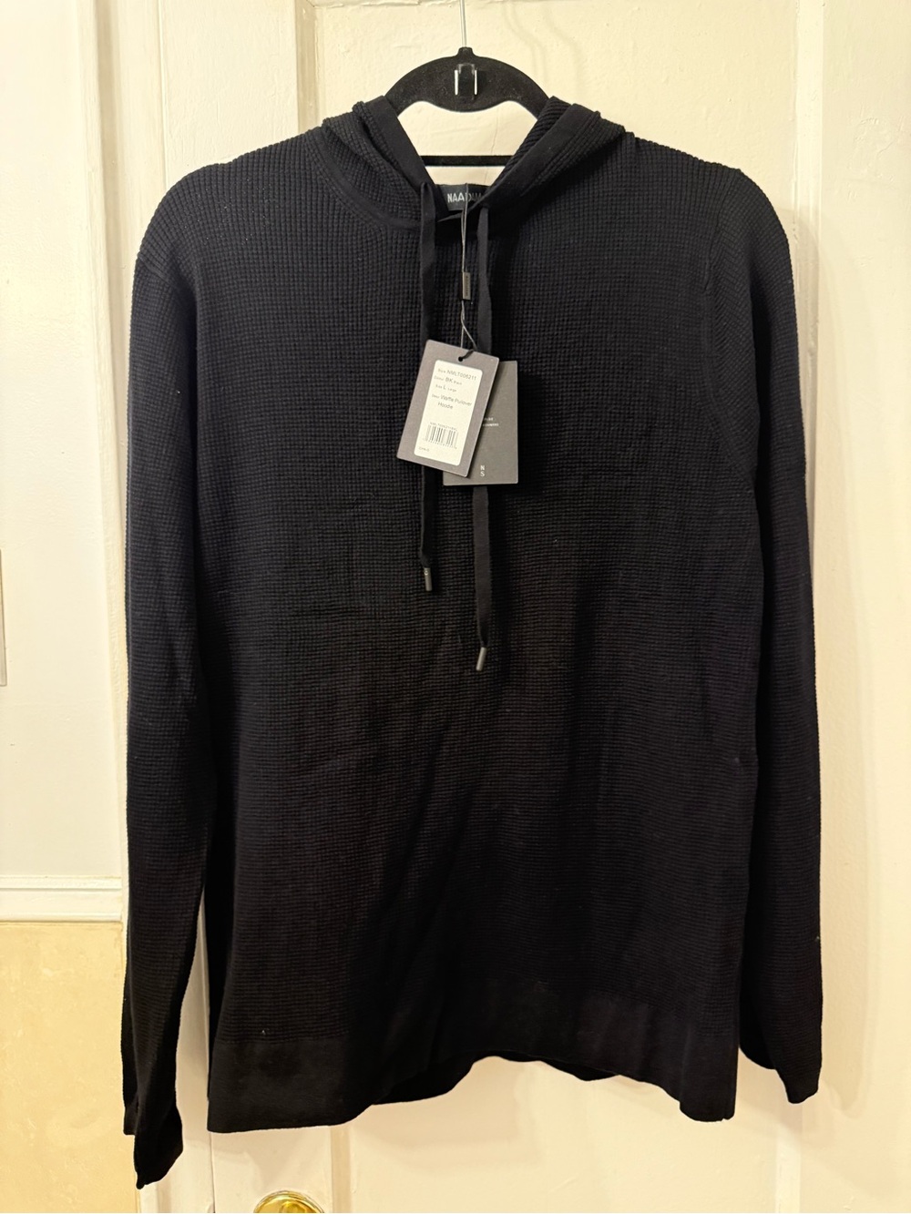 NAADAM  Cashmere Cotton Black Waffle Knit Hooded Pullover